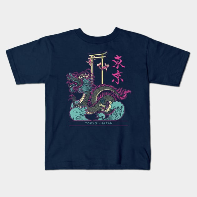 Japanese Tokyo Dragon Asian inspired Neon retro 80’s style Kids T-Shirt by bigraydesigns